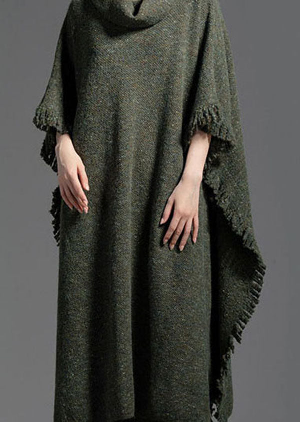 Plus Size Green Turtle Neck Side Open Wool Knit Dress Winter