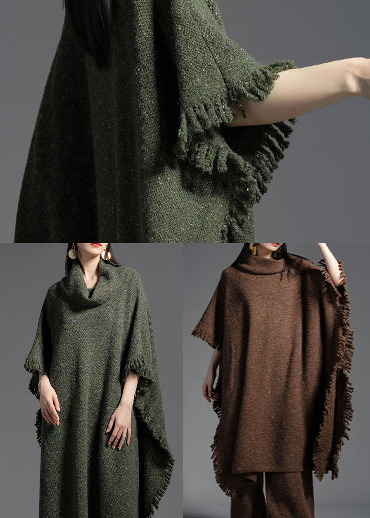 Plus Size Green Turtle Neck Side Open Wool Knit Dress Winter