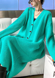 Plus Size Green V Neck Button Winter Knit Two-Piece Set