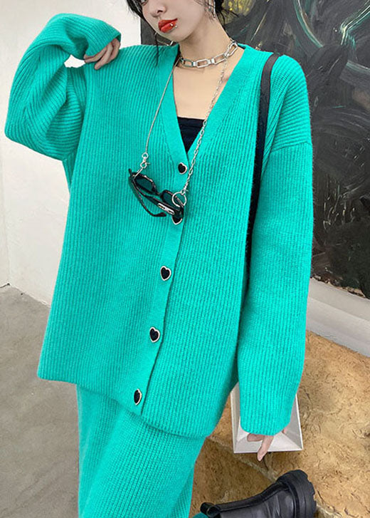 Plus Size Green V Neck Button Winter Knit Two-Piece Set