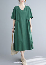 Plus Size Green V Neck Cinched Pocket Kleid mit kurzen Ärmeln