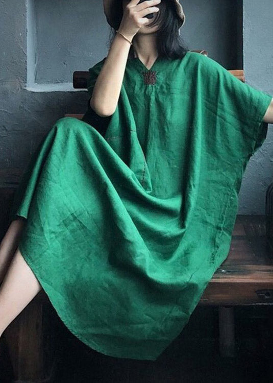Plus Size Green V Neck Embroidered Pockets Linen Maxi Dresses Short Sleeve