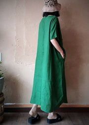 Plus Size Green V Neck Embroidered Pockets Linen Maxi Dresses Short Sleeve