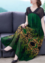 Plus Size Green V Neck Patchwork Print Chiffon Dresses Short Sleeve