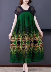 Plus Size Green V Neck Patchwork Print Chiffon Dresses Short Sleeve
