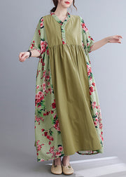 Plus Size Green V Neck Patchwork wrinkled Floral Print Long Dresses Short Sleeve