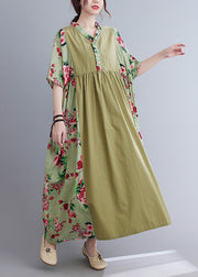 Plus Size Green V Neck Patchwork wrinkled Floral Print Long Dresses Short Sleeve