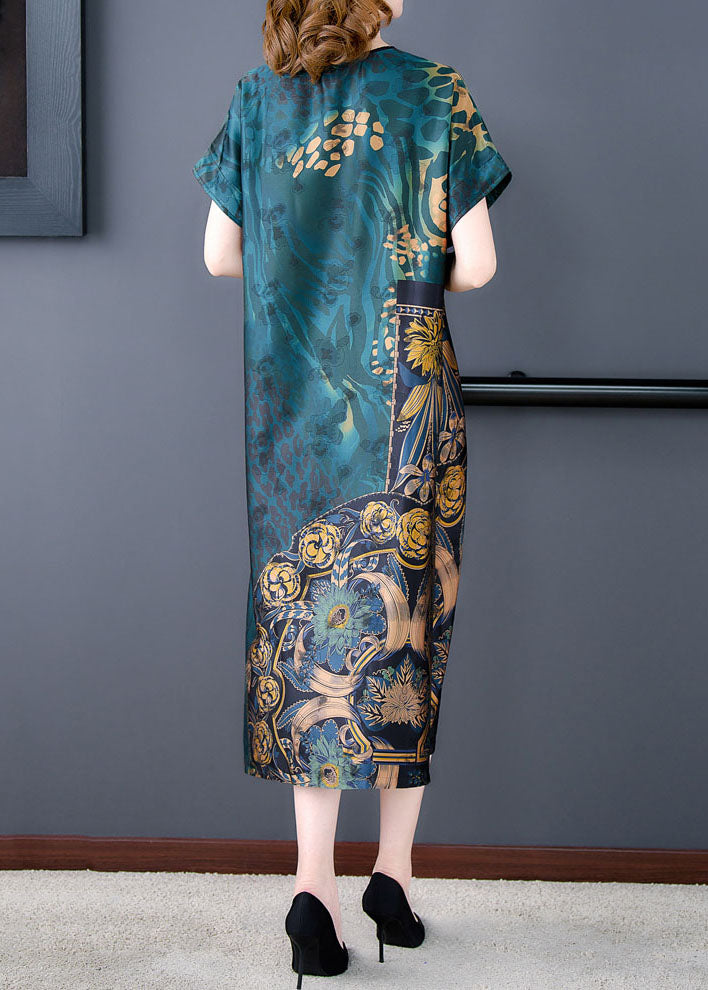 Plus Size Green V Neck Print Patchwork Silk Dress Summer