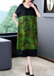 Plus Size Green V Neck Print Pockets Patchwork Silk Dress Summer