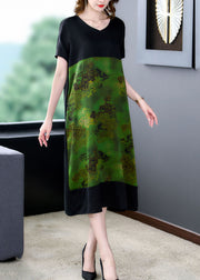 Plus Size Green V Neck Print Pockets Patchwork Silk Dress Summer