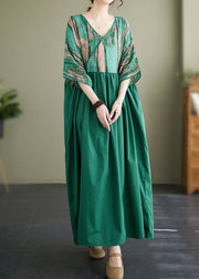 Plus Size Green V Neck Print Wrinkled Patchwork Cotton Long Dress Summer