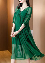 Plus Size Green V Neck Ruffled Chiffon Party Dress Bracelet Sleeve