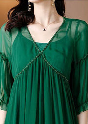 Plus Size Green V Neck Ruffled Chiffon Party Dress Bracelet Sleeve