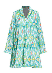 Plus Size Green V Neck Ruffled Patchwork Print Top Long Sleeve
