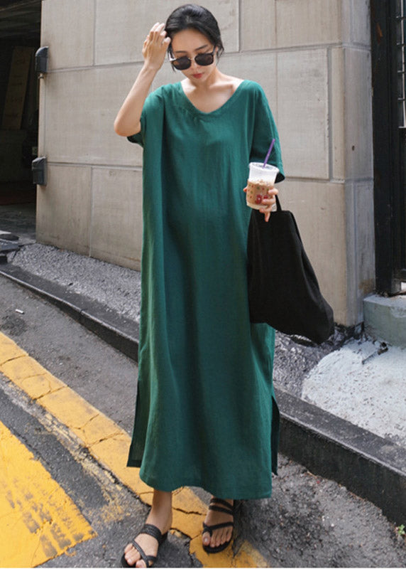 Plus Size Grünes V-Ausschnitt, seitlich offenes, langes Kleid mit kurzen Ärmeln