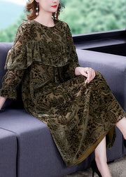 Plus Size Green Velour Casual Dress Ruffled Spring