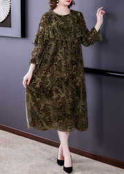 Plus Size Green Velour Casual Dress Ruffled Spring