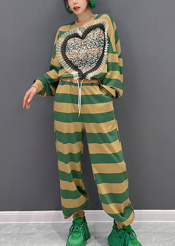 Plus Size Green Yellow Striped O-Neck Loving Heart Top And Pants Two Pieces Set Fall