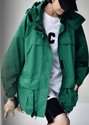 Plus Size Green Zippered Patchwork Drawstring Hooded Coats Fall