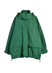 Plus Size Green Zippered Patchwork Drawstring Hooded Coats Fall