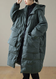 Plus Size Grüner Kapuzen-Taschen mit Reißverschluss Winter-Daunenmantel mit langen Ärmeln