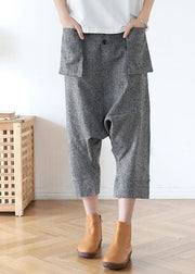 Plus Size Grey Asymmetrical Design Pockets Cotton Crop Pants - SooLinen