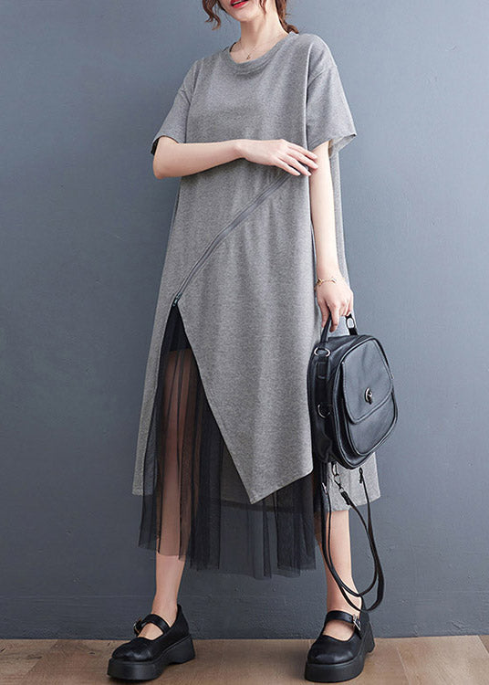 Plus Size Grey Asymmetrical Tulle Patchwork Solid Maxi Dress Summer