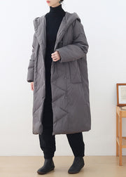 Plus Size Grey Button Pockets Hooded Down Coat Long Sleeve