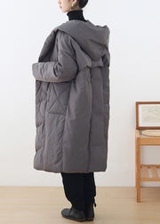 Plus Size Grey Button Pockets Hooded Down Coat Long Sleeve