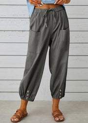 Plus Size Grey Elastic Waist Solid Crop Pants Summer