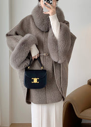 Plus Size Grey Fox Collar Pockets Leather And Fur Coats Winter