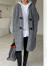 Plus Size Grey Hooded Patchwork Knit Sweaters Winter Coat