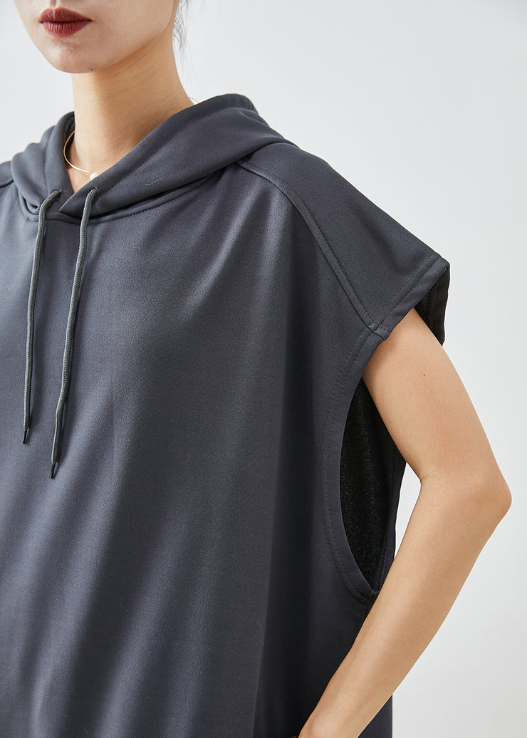 Plus Size Grey Hooded Pockets Cotton Sweatshirts Tops Summer