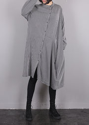 Plus Size Grey O-Neck Asymmetrical Striped Button Maxi Dress Fall