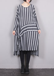 Plus Size Grey O-Neck Asymmetrical Striped Side Open Tie Waist Maxi Dress Fall