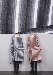 Plus Size Grey O-Neck Asymmetrical Striped Side Open Tie Waist Maxi Dress Fall