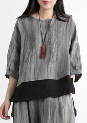 Plus Size Grey O-Neck Patchwork Linen Two Piece Set Outfits Half Sleeve