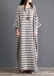Plus Size Grey O Neck Striped Pockets Patchwork Cotton Long Dresses Spring