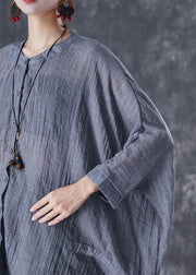 Plus Size Grey Oversized Linen Blouses Batwing Sleeve