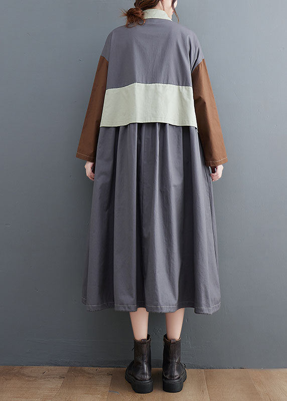 Plus Size Grey Oversized Patchwork Cotton Shirt Dress Spring