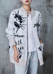 Plus Size Grey Oversized Print Knit Cardigans Winter