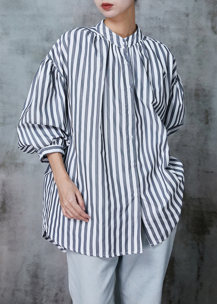 Plus Size Grey Oversized Striped Cotton Shirt Spring