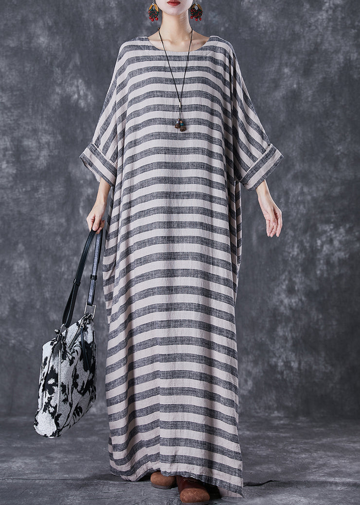 Plus Size Grey Oversized Striped Linen Ankle Dress Gown Batwing Sleeve