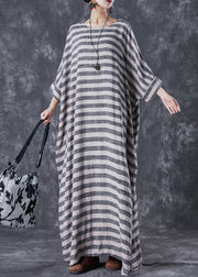 Plus Size Grey Oversized Striped Linen Ankle Dress Gown Batwing Sleeve
