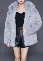 Plus Size Grey Oversized Warm Fuzzy Fur Fluffy Hooded Jacket Winter