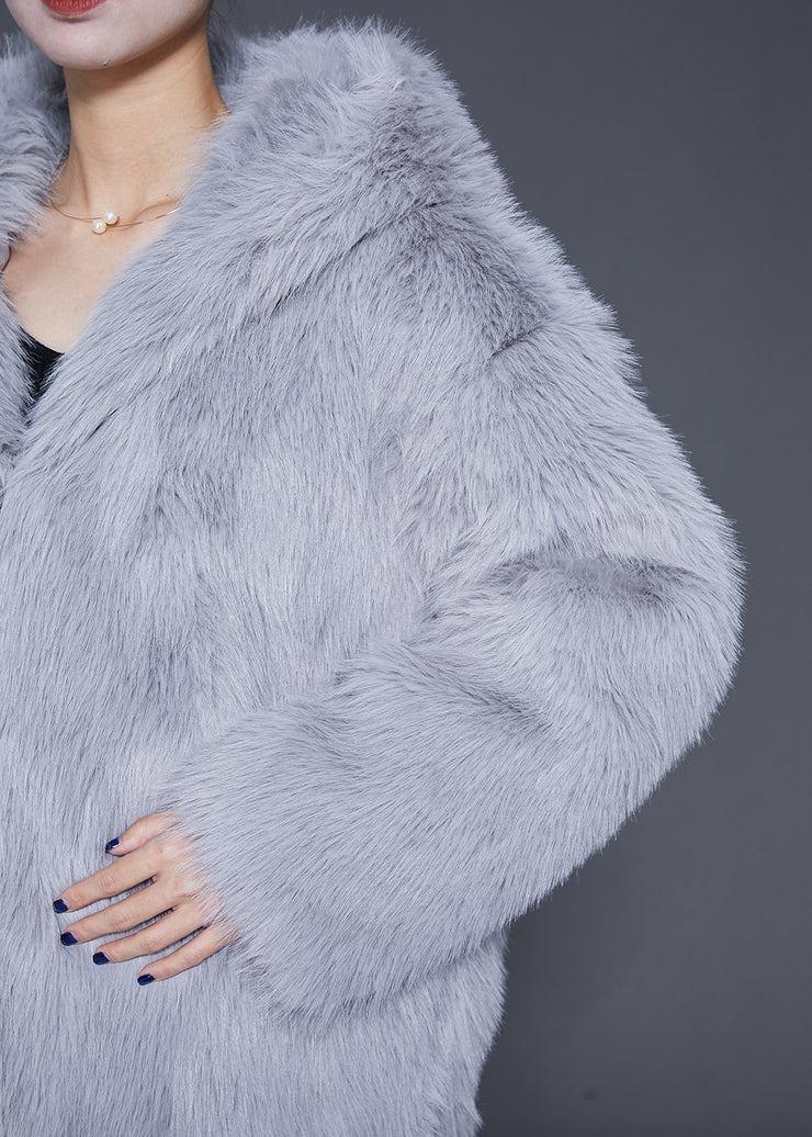 Plus Size Grey Oversized Warm Fuzzy Fur Fluffy Hooded Jacket Winter