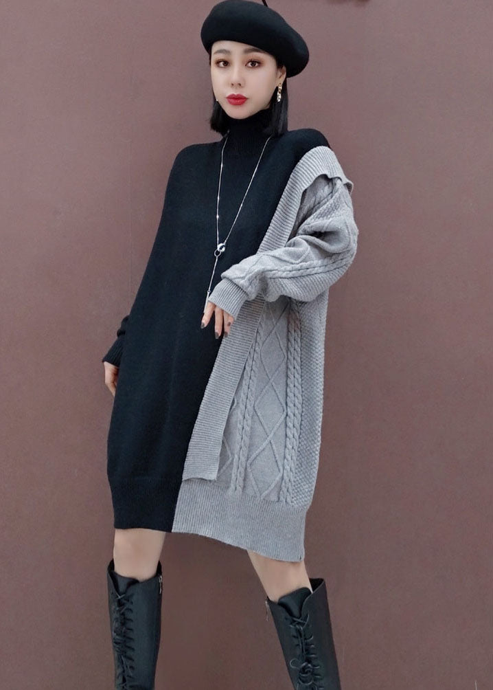 Plus Size Grey Patchwork Casual Knitted Dress Winter