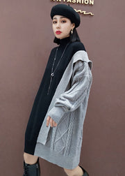 Plus Size Grey Patchwork Casual Knitted Dress Winter