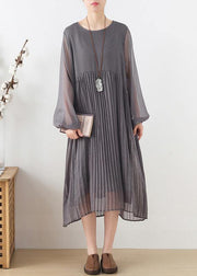 Plus Size Grey Patchwork Chiffon O-Neck Spring Summer Robe Dresses - SooLinen