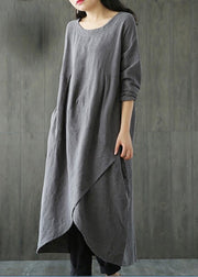 Plus Size Grey Patchwork Linen Long Dresses Spring